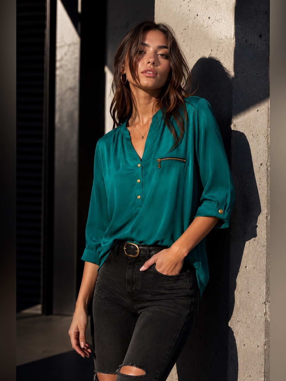 AKIRA Emerald Green Sheer High-Low Blouse Gold Button Flowy Size Small